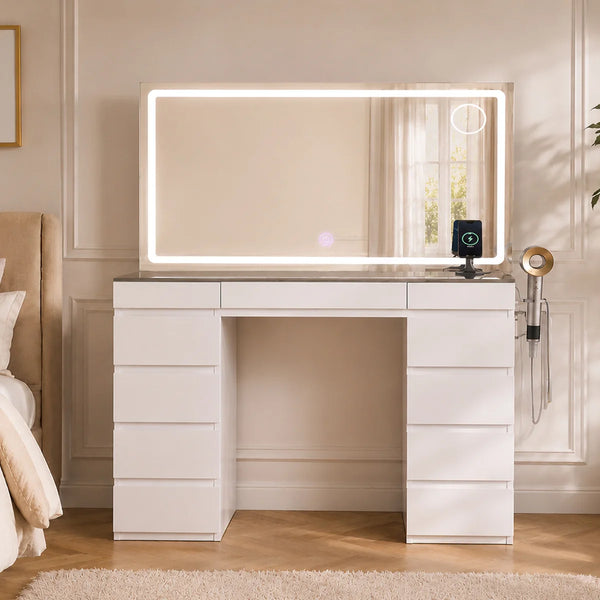 Big Vanity with Glass Top, Large Mirror, LED Lights, Outlet and 11 Drawers  Wooden Bazar
