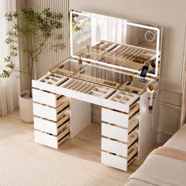 Big Vanity with Glass Top, Large Mirror, LED Lights, Outlet and 11 Drawers  Wooden Bazar