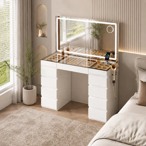 Big Vanity with Glass Top, Large Mirror, LED Lights, Outlet and 11 Drawers  Wooden Bazar