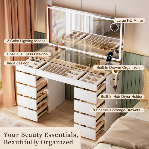Big Vanity with Glass Top, Large Mirror, LED Lights, Outlet and 11 Drawers  Wooden Bazar