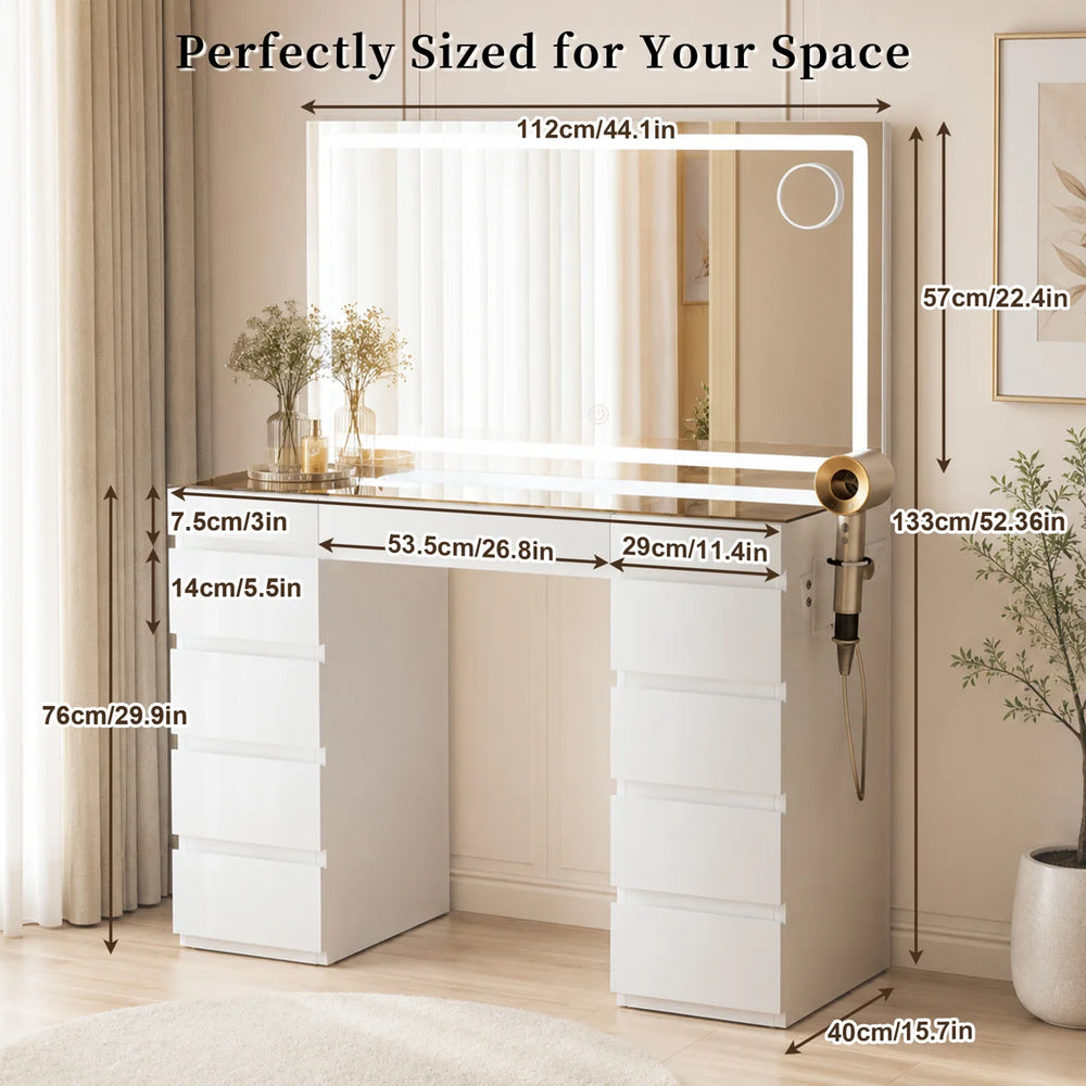 Big Vanity with Glass Top, Large Mirror, LED Lights, Outlet and 11 Drawers  Wooden Bazar