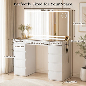 Big Vanity with Glass Top, Large Mirror, LED Lights, Outlet and 11 Drawers  Wooden Bazar
