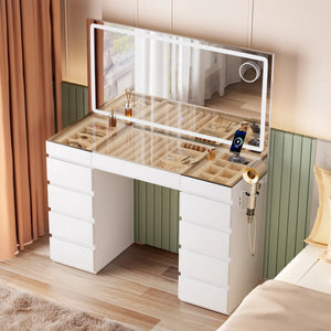 Big Vanity with Glass Top, Large Mirror, LED Lights, Outlet and 11 Drawers  Wooden Bazar