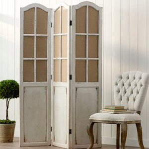 Bigham 3-Panel Beige Wood Folding Room Divider with Burlap Window Pane Design  Wooden Bazar