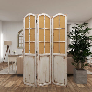 Bigham 3-Panel Beige Wood Folding Room Divider with Burlap Window Pane Design  Wooden Bazar