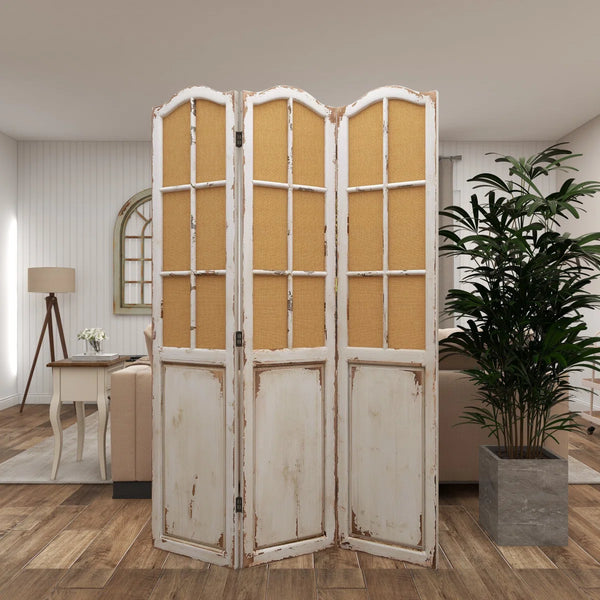 Bigham 3-Panel Beige Wood Folding Room Divider with Burlap Window Pane Design  Wooden Bazar
