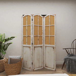 Bigham 3-Panel Beige Wood Folding Room Divider with Burlap Window Pane Design  Wooden Bazar