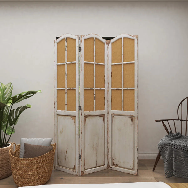 Bigham 3-Panel Beige Wood Folding Room Divider with Burlap Window Pane Design  Wooden Bazar