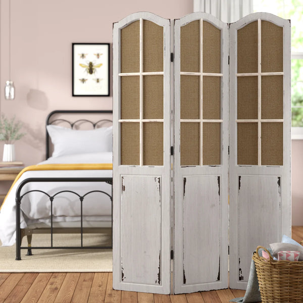 Bigham 3-Panel Beige Wood Folding Room Divider with Burlap Window Pane Design  Wooden Bazar