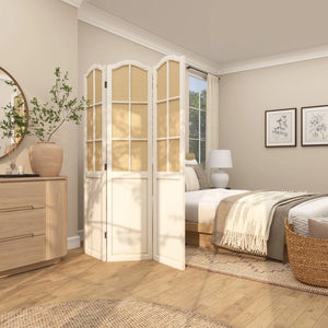 Bigham 3-Panel Beige Wood Folding Room Divider with Burlap Window Pane Design  Wooden Bazar