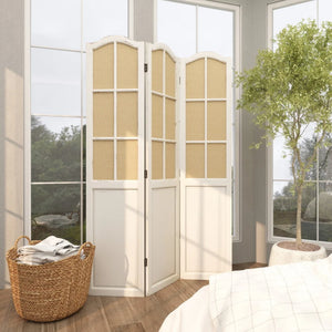 Bigham 3-Panel Beige Wood Folding Room Divider with Burlap Window Pane Design  Wooden Bazar