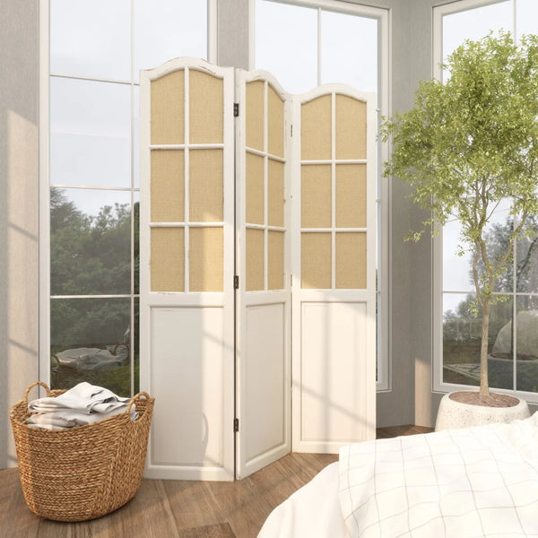 Bigham 3-Panel Beige Wood Folding Room Divider with Burlap Window Pane Design  Wooden Bazar