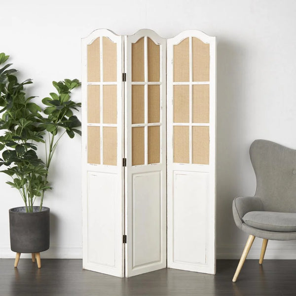 Bigham 3-Panel Beige Wood Folding Room Divider with Burlap Window Pane Design  Wooden Bazar