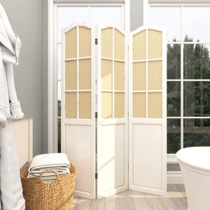Bigham 3-Panel Beige Wood Folding Room Divider with Burlap Window Pane Design  Wooden Bazar