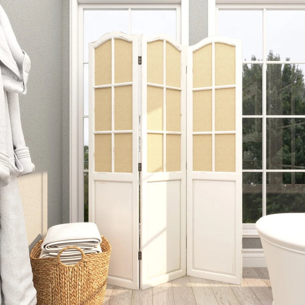 Bigham 3-Panel Beige Wood Folding Room Divider with Burlap Window Pane Design  Wooden Bazar