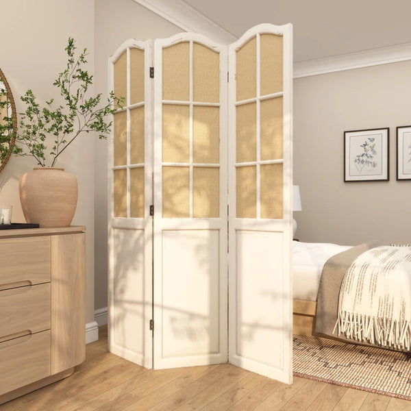 Bigham 3-Panel Beige Wood Folding Room Divider with Burlap Window Pane Design  Wooden Bazar
