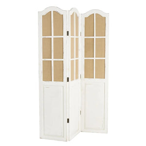 Bigham 3-Panel Beige Wood Folding Room Divider with Burlap Window Pane Design  Wooden Bazar
