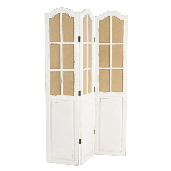 Bigham 3-Panel Beige Wood Folding Room Divider with Burlap Window Pane Design  Wooden Bazar