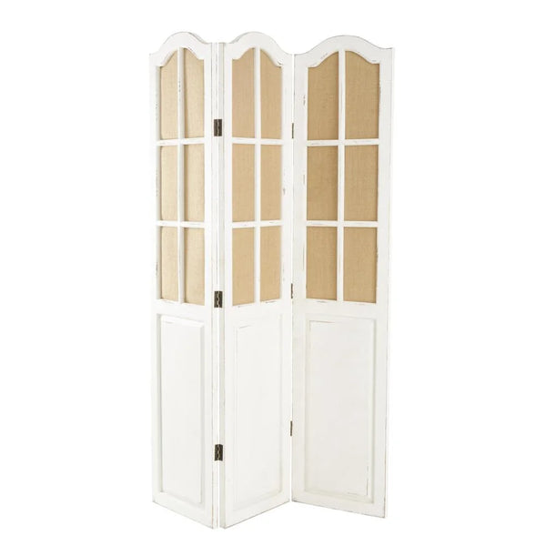Bigham 3-Panel Beige Wood Folding Room Divider with Burlap Window Pane Design  Wooden Bazar