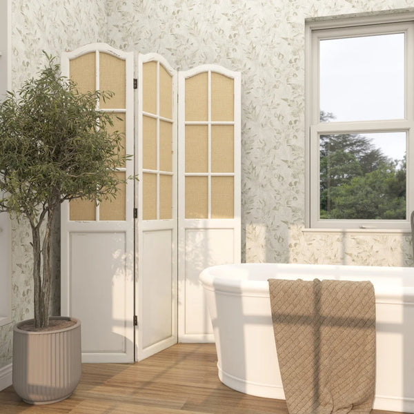 Bigham 3-Panel Beige Wood Folding Room Divider with Burlap Window Pane Design  Wooden Bazar