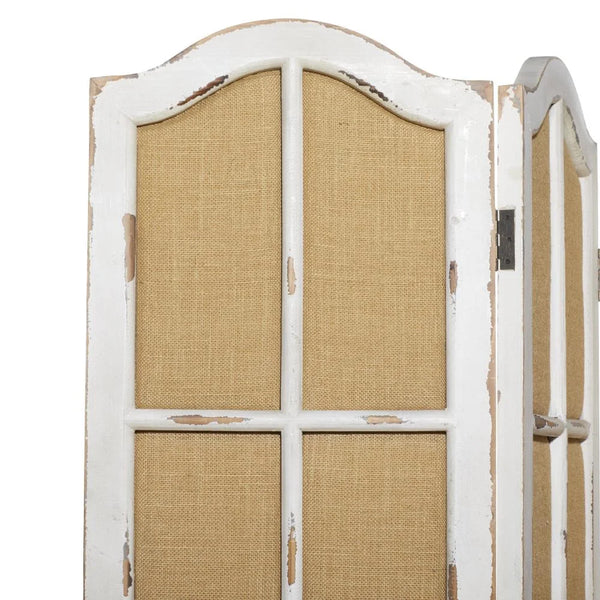 Bigham 3-Panel Beige Wood Folding Room Divider with Burlap Window Pane Design  Wooden Bazar