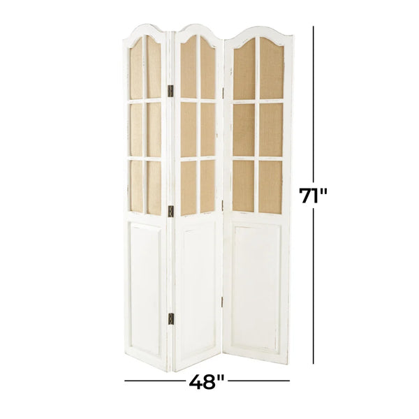 Bigham 3-Panel Beige Wood Folding Room Divider with Burlap Window Pane Design  Wooden Bazar