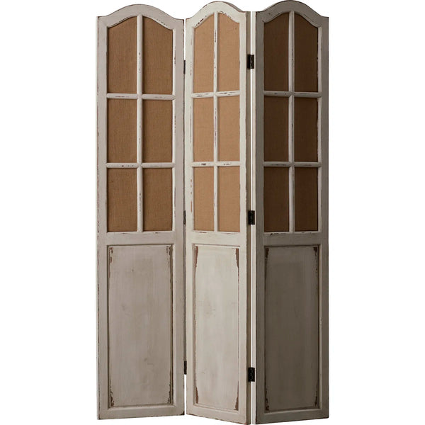 Bigham 3-Panel Beige Wood Folding Room Divider with Burlap Window Pane Design  Wooden Bazar