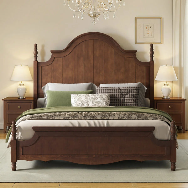 Traditional Queen Size Solid Wood Four Poster Bed,Yellow Brown