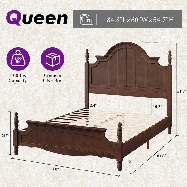Traditional Queen Size Solid Wood Four Poster Bed,Yellow Brown