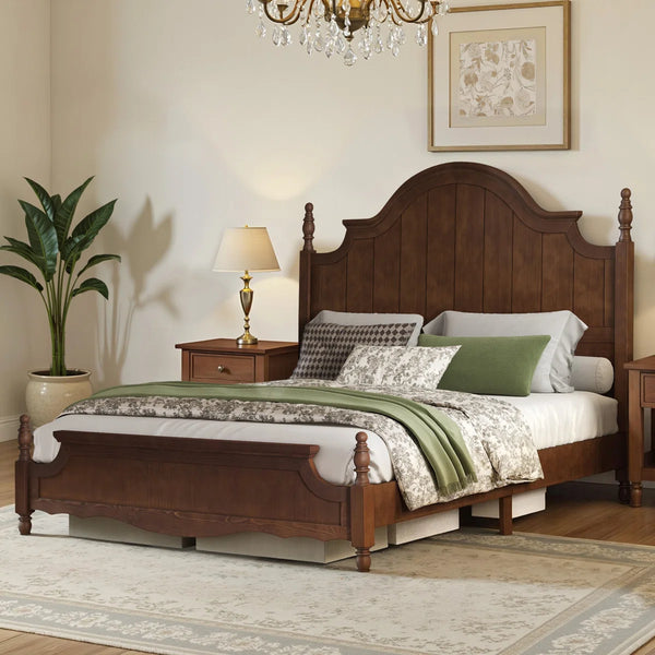 Traditional Queen Size Solid Wood Four Poster Bed,Yellow Brown