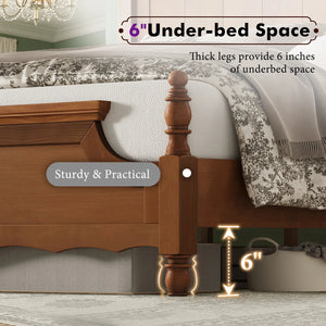 Traditional Queen Size Solid Wood Four Poster Bed,Yellow Brown