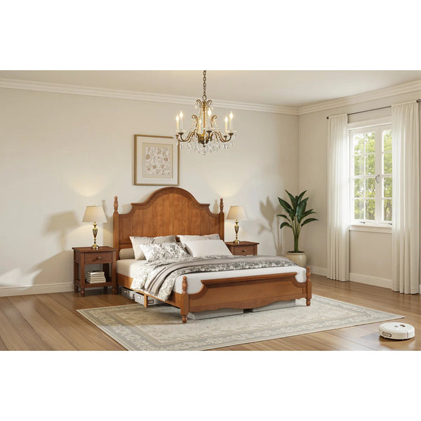 Traditional Queen Size Solid Wood Four Poster Bed,Yellow Brown