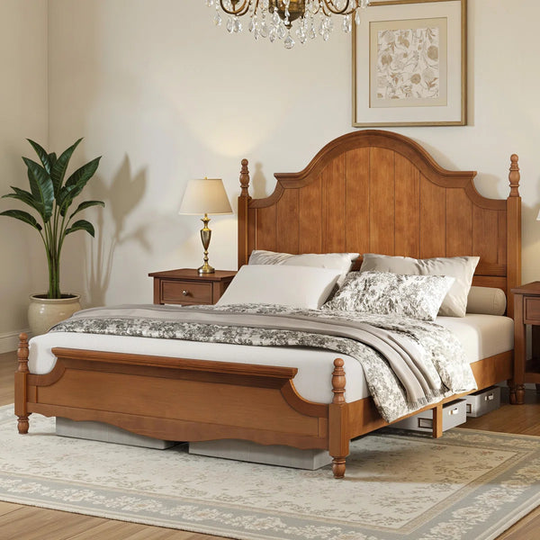 Traditional Queen Size Solid Wood Four Poster Bed,Yellow Brown