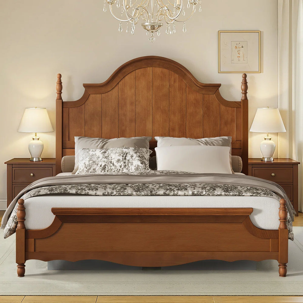 Traditional Queen Size Solid Wood Four Poster Bed,Yellow Brown