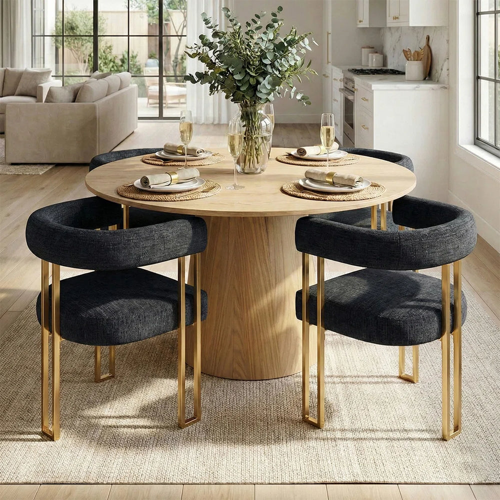 4 Seater Dining Table Sets With Round Table & 4 Upholstered Chenille Gold Chairs