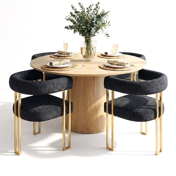 4 Seater Dining Table Sets With Round Table & 4 Upholstered Chenille Gold Chairs