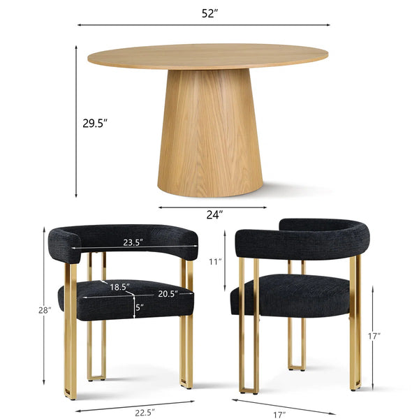4 Seater Dining Table Sets With Round Table & 4 Upholstered Chenille Gold Chairs