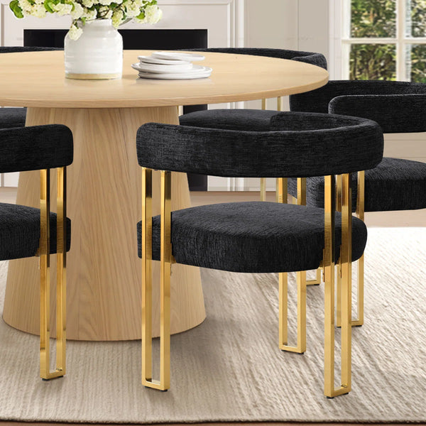 4 Seater Dining Table Sets With Round Table & 4 Upholstered Chenille Gold Chairs