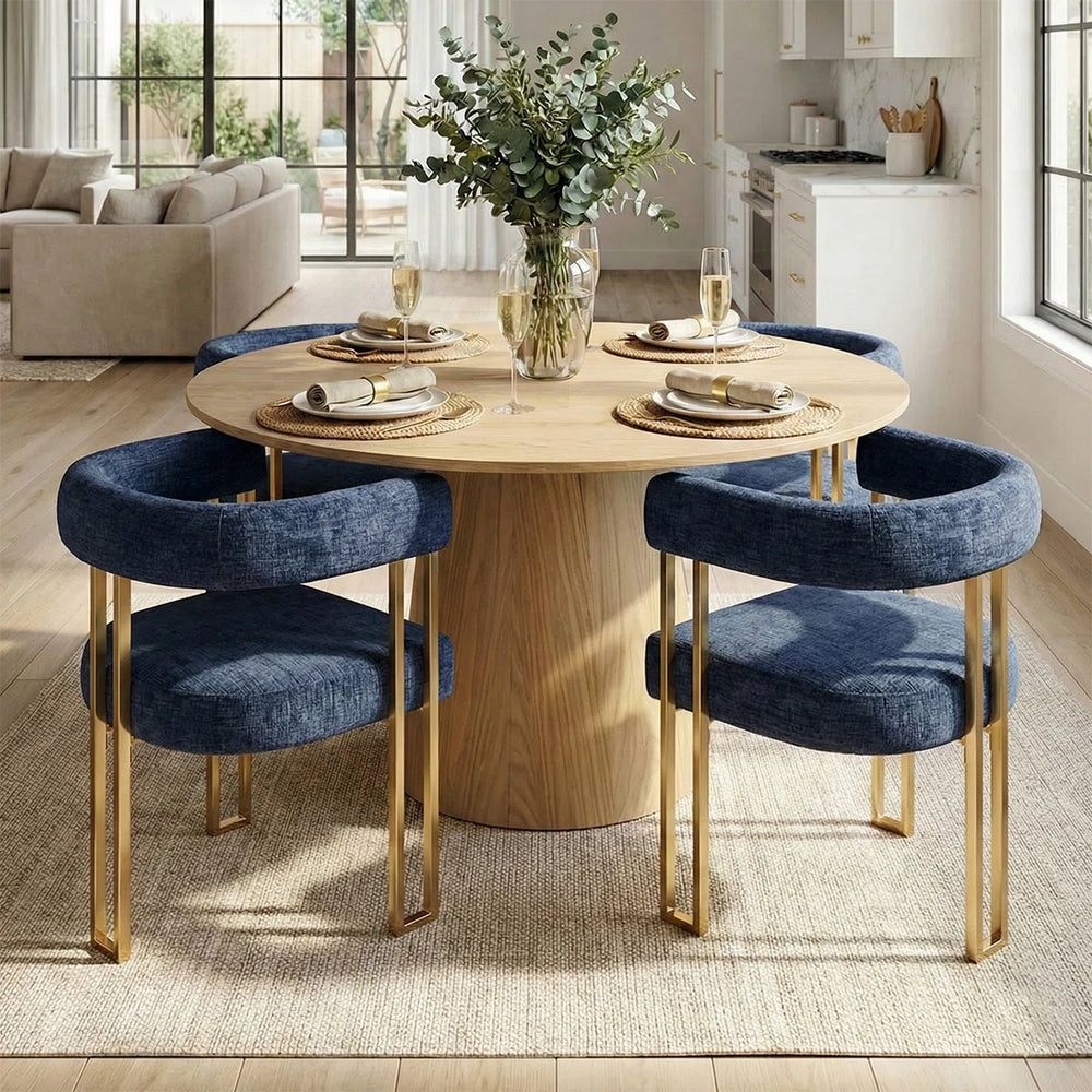 4 Seater Dining Table Sets With Round Table & 4 Upholstered Chenille Gold Chairs