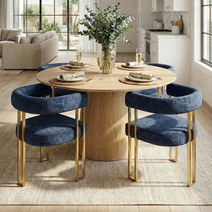 4 Seater Dining Table Sets With Round Table & 4 Upholstered Chenille Gold Chairs
