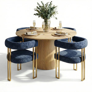 4 Seater Dining Table Sets With Round Table & 4 Upholstered Chenille Gold Chairs