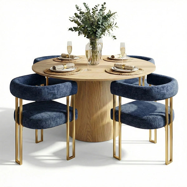 4 Seater Dining Table Sets With Round Table & 4 Upholstered Chenille Gold Chairs