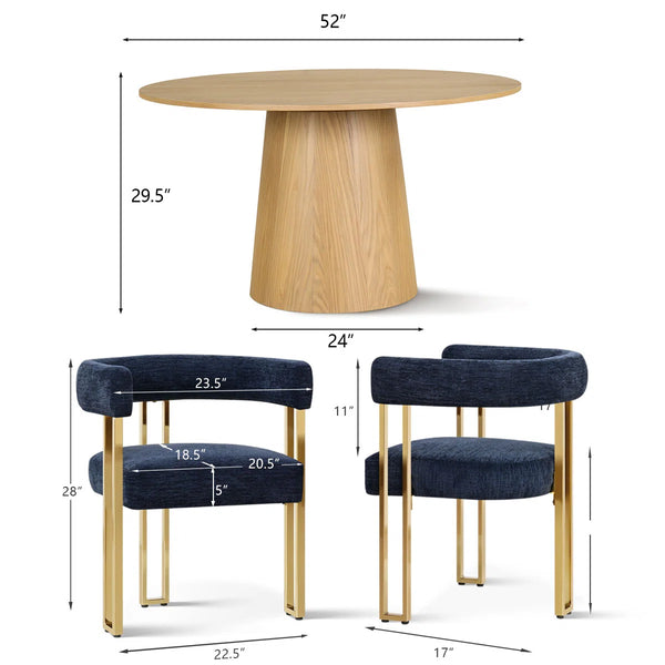 4 Seater Dining Table Sets With Round Table & 4 Upholstered Chenille Gold Chairs