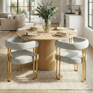 4 Seater Dining Table Sets With Round Table & 4 Upholstered Chenille Gold Chairs