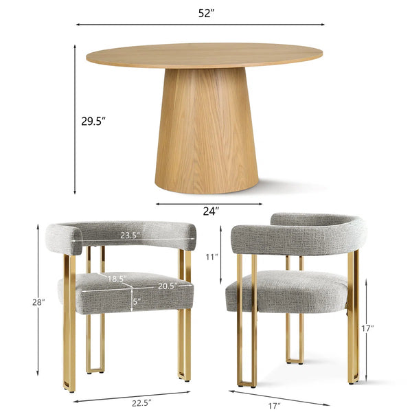 4 Seater Dining Table Sets With Round Table & 4 Upholstered Chenille Gold Chairs