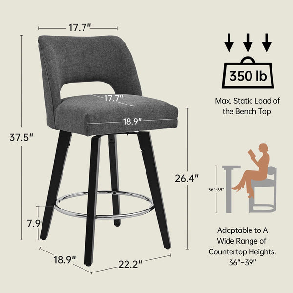 Bisto 26.4" Swivel Counter Stools Set of 2, Upholstered Seat for Kitchen Island  Wooden Bazar