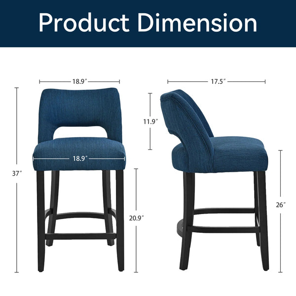 Bisto Upholstered Modern Counter Height Bar Stool with Solid Wood Legs (Set of 2)   Wooden Bazar