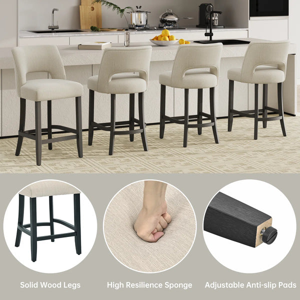 Bisto Upholstered Modern Counter Height Bar Stool with Solid Wood Legs (Set of 2)   Wooden Bazar