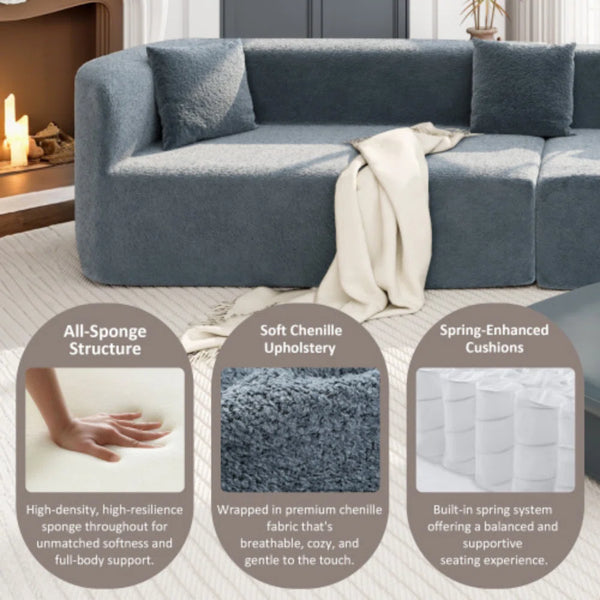 Boneless 132" Modern Sectional Sofa With Curved Design, 2-Piece Chenille Modular Couch With 4 Pillows, Plush Sponge & Spring Cushion, Large Sponge Modular Sofa For Living Room  Wooden Bazar