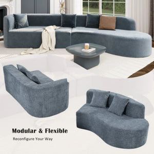 Boneless 132" Modern Sectional Sofa With Curved Design, 2-Piece Chenille Modular Couch With 4 Pillows, Plush Sponge & Spring Cushion, Large Sponge Modular Sofa For Living Room  Wooden Bazar